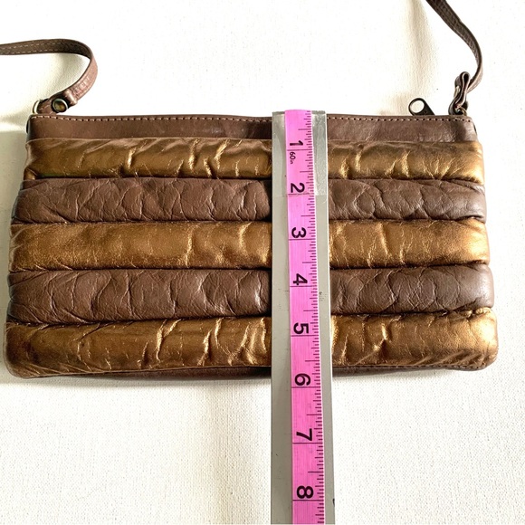 VTG 80s Leather Puffy Padded Quilted Clutch Bag Purse ~ Metallic Gold & Brown - Picture 8 of 12